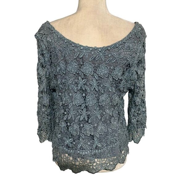martin mccrea womens solid blue lace long sleeve blouse formal silk Medium - Picture 2 of 4